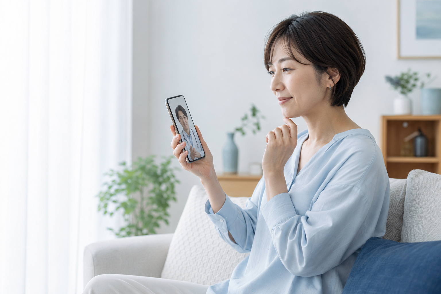 自宅からスマートフォンで医師に相談する女性